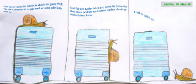 Eine Zeichnung auf der eine Schnecke über einen Koffer kriecht
