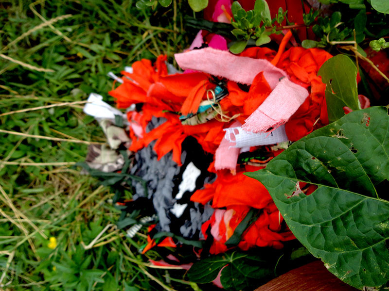 text: >
  Selbstgebautes Monster aus roten
  Blüten, schwarzem Papier und rosa
  Bändern im Gras
decorative: false
source: reviewed