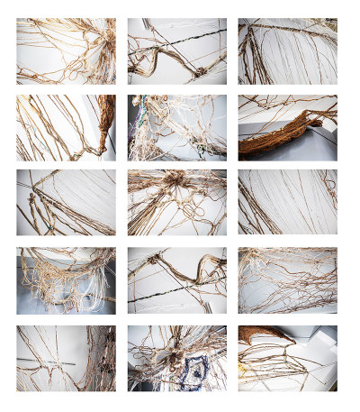 Collage aus fünfzehn Detailaufnahmen von natürlichen Fasern, Wurzeln und gewebten Materialien in Braun- und Beigetönen