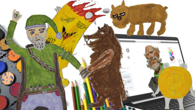 Kindgezeichnete Fantasy-Charaktere und Kreaturen neben einem Laptop mit Zeichensoftware für digitale Kunstkurse