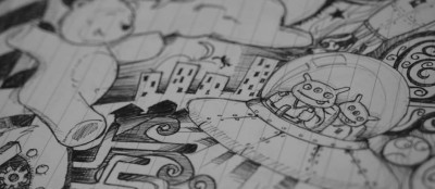 Schwarz-weiße Manga- und Comic-Zeichnungen mit Charakteren und urbanen Szenen