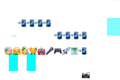 Diagramm zeigt Spieleentwicklungsprozess mit Emojis, Smartphones und Gaming-Symbolen auf türkisfarbenen Blöcken